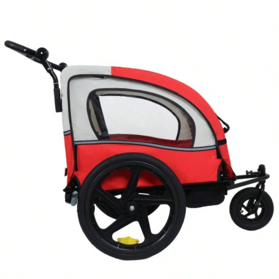 2 - in - 1 Double 2 with 5 - point safety harnesses Bike Trailer Jogger Stroller Kids Children Foldable Collapsible/Pivot Front Wheel, Storage Bag