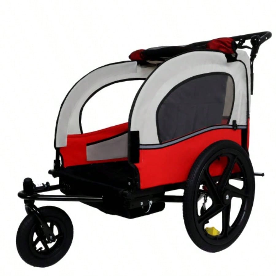 2 - in - 1 Double 2 with 5 - point safety harnesses Bike Trailer Jogger Stroller Kids Children Foldable Collapsible/Pivot Front Wheel, Storage Bag