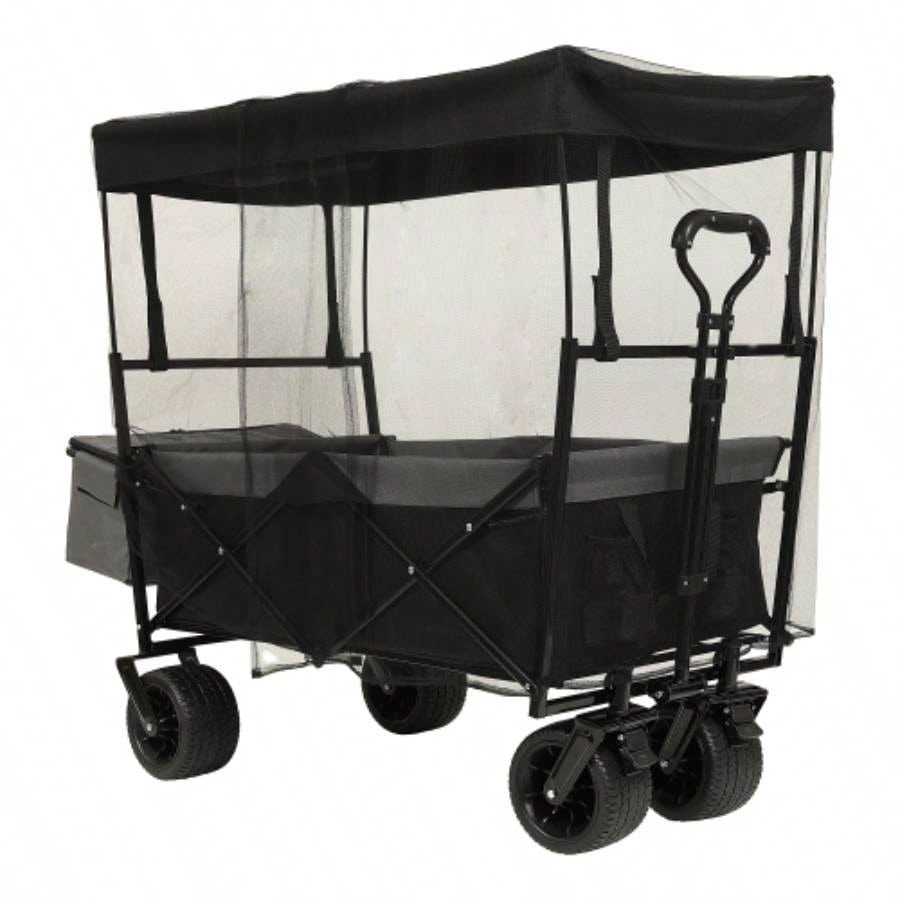 480Lbs Collapsible Wagon with Canopy, Wagon Stroller with All - Terrain Wheels, Lightweight Foldable Wagon, Large Capacity Camping, Shopping, Sports, and Garden Use, black with mosquito net