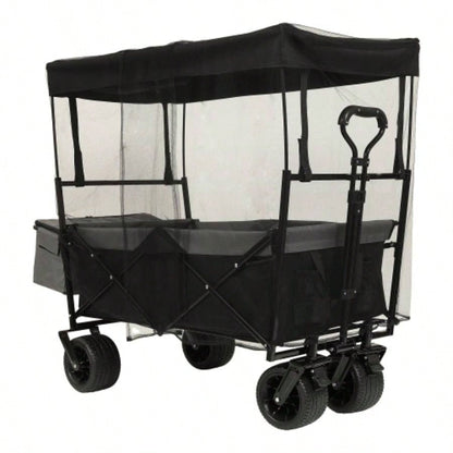 480Lbs Collapsible Wagon with Canopy, Wagon Stroller with All - Terrain Wheels, Lightweight Foldable Wagon, Large Capacity Camping, Shopping, Sports, and Garden Use, black with mosquito net