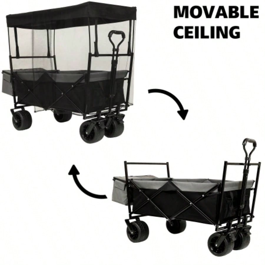 480Lbs Collapsible Wagon with Canopy, Wagon Stroller with All - Terrain Wheels, Lightweight Foldable Wagon, Large Capacity Camping, Shopping, Sports, and Garden Use, black with mosquito net