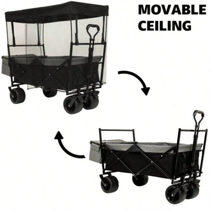 480Lbs Collapsible Wagon with Canopy, Wagon Stroller with All - Terrain Wheels, Lightweight Foldable Wagon, Large Capacity Camping, Shopping, Sports, and Garden Use, black with mosquito net