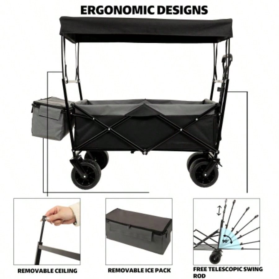 480Lbs Collapsible Wagon with Canopy, Wagon Stroller with All - Terrain Wheels, Lightweight Foldable Wagon, Large Capacity Camping, Shopping, Sports, and Garden Use, black with mosquito net
