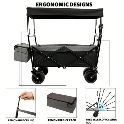 480Lbs Collapsible Wagon with Canopy, Wagon Stroller with All - Terrain Wheels, Lightweight Foldable Wagon, Large Capacity Camping, Shopping, Sports, and Garden Use, black with mosquito net