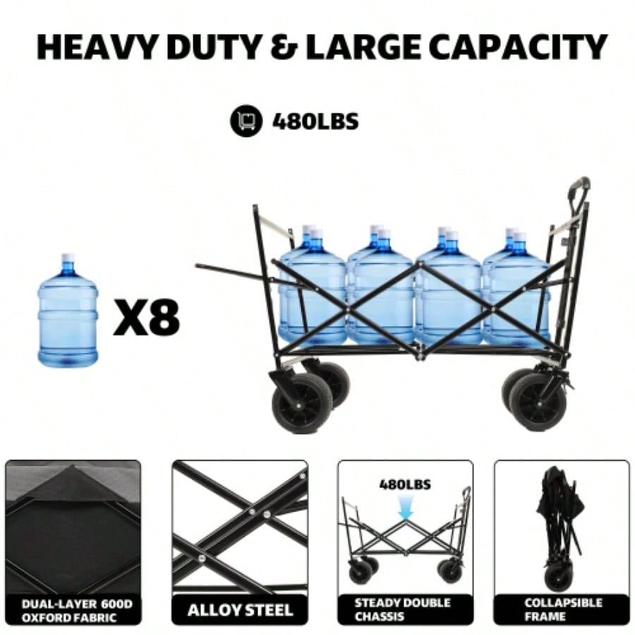 480Lbs Collapsible Wagon with Canopy, Wagon Stroller with All - Terrain Wheels, Lightweight Foldable Wagon, Large Capacity Camping, Shopping, Sports, and Garden Use, black with mosquito net