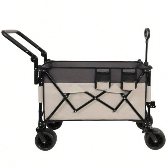 Multi - Functional Push - Pull Folding Wagon Cart with Rotating Handle 360 All - Terrain Wheels - Heavy - Duty, Adjustable Design, Large Capacity Transport, Groceries, and Outdoor Use, khaki - Gray