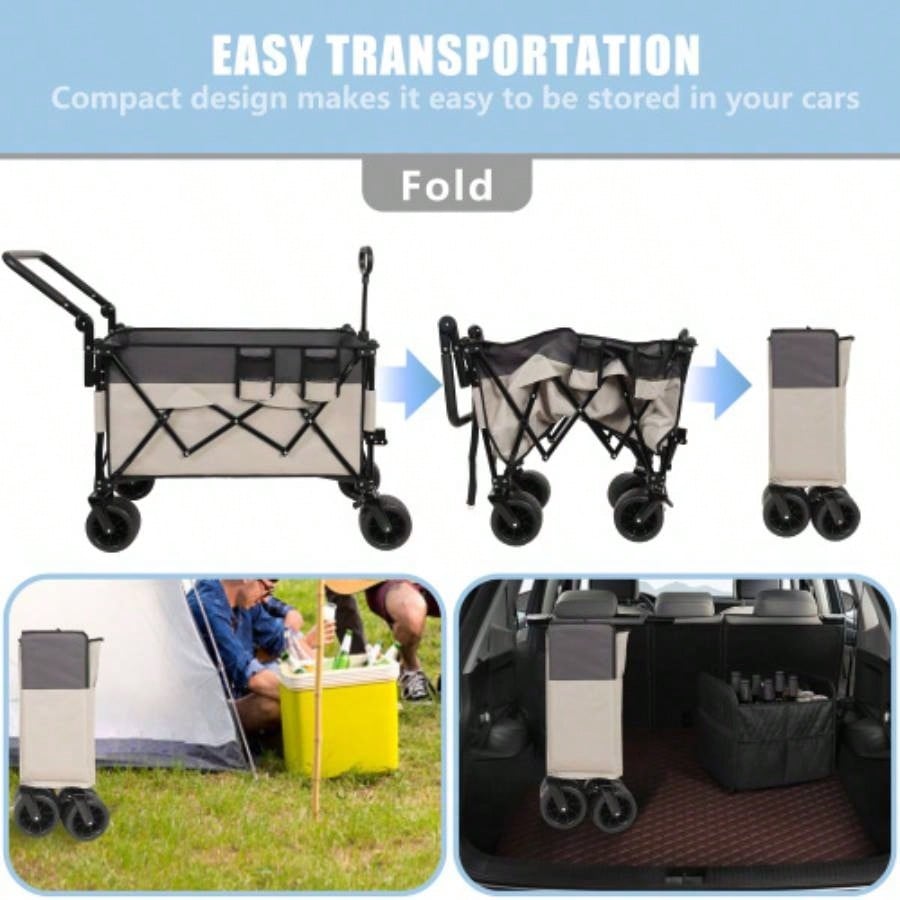 Multi - Functional Push - Pull Folding Wagon Cart with Rotating Handle 360 All - Terrain Wheels - Heavy - Duty, Adjustable Design, Large Capacity Transport, Groceries, and Outdoor Use, khaki - Gray