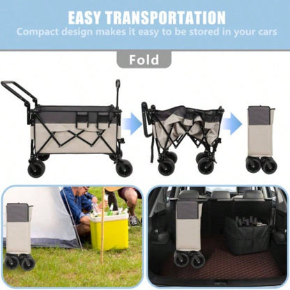 Multi - Functional Push - Pull Folding Wagon Cart with Rotating Handle 360 All - Terrain Wheels - Heavy - Duty, Adjustable Design, Large Capacity Transport, Groceries, and Outdoor Use, khaki - Gray