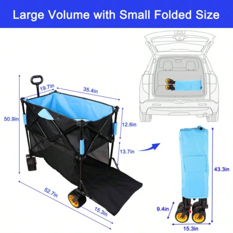 Big large capacity Folding cart Long Extender Wagon Cart Folding Wagon Garden Shopping Beach Cart black+ blue