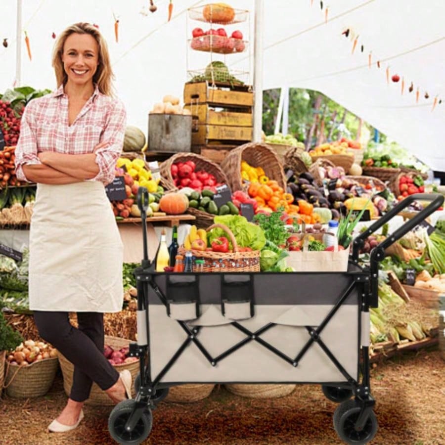 Multi - Functional Push - Pull Folding Wagon Cart with Rotating Handle 360 All - Terrain Wheels - Heavy - Duty, Adjustable Design, Large Capacity Transport, Groceries, and Outdoor Use, khaki - Gray