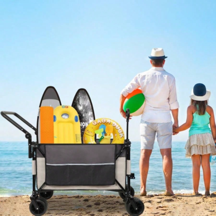 Multi - Functional Push - Pull Folding Wagon Cart with Rotating Handle 360 All - Terrain Wheels - Heavy - Duty, Adjustable Design, Large Capacity Transport, Groceries, and Outdoor Use, khaki - Gray