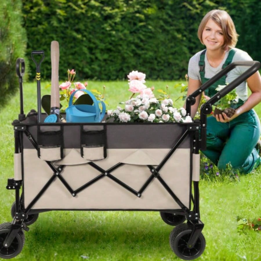 Multi - Functional Push - Pull Folding Wagon Cart with Rotating Handle 360 All - Terrain Wheels - Heavy - Duty, Adjustable Design, Large Capacity Transport, Groceries, and Outdoor Use, khaki - Gray