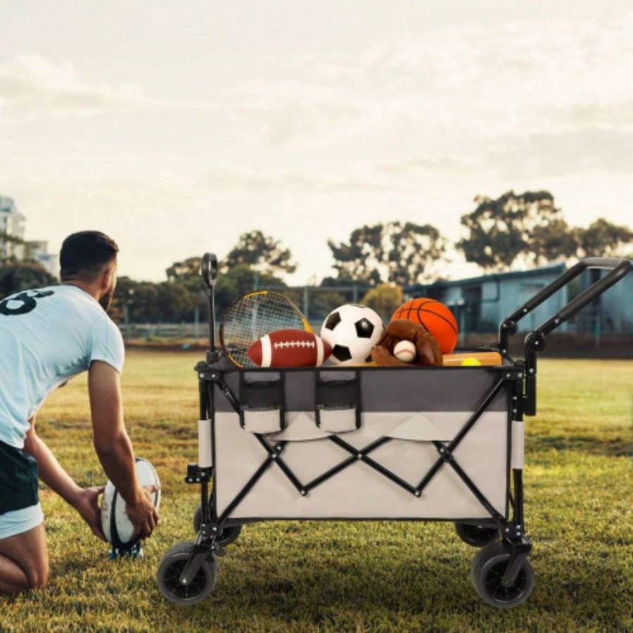 Multi - Functional Push - Pull Folding Wagon Cart with Rotating Handle 360 All - Terrain Wheels - Heavy - Duty, Adjustable Design, Large Capacity Transport, Groceries, and Outdoor Use, khaki - Gray
