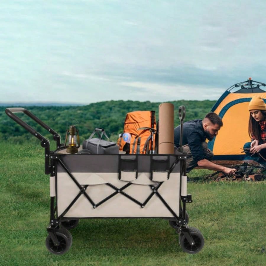 Multi - Functional Push - Pull Folding Wagon Cart with Rotating Handle 360 All - Terrain Wheels - Heavy - Duty, Adjustable Design, Large Capacity Transport, Groceries, and Outdoor Use, khaki - Gray