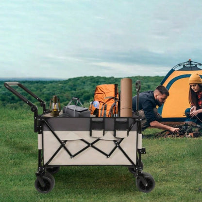 Multi - Functional Push - Pull Folding Wagon Cart with Rotating Handle 360 All - Terrain Wheels - Heavy - Duty, Adjustable Design, Large Capacity Transport, Groceries, and Outdoor Use, khaki - Gray
