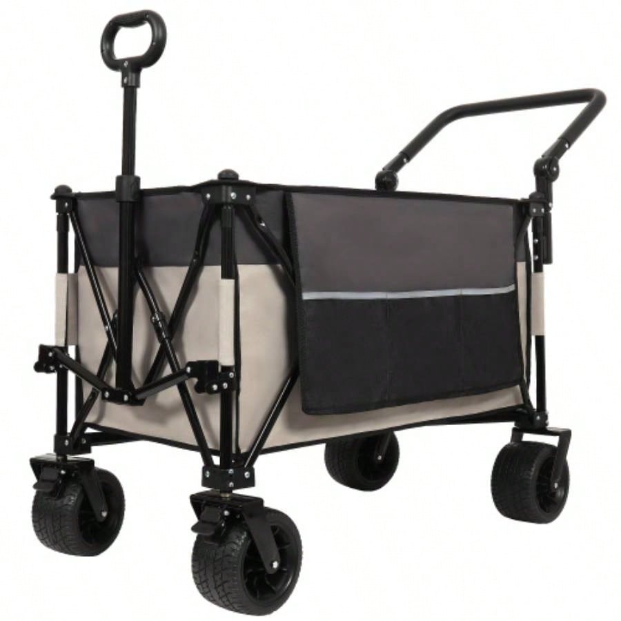 Multi - Functional Push - Pull Folding Wagon Cart with Rotating Handle 360 All - Terrain Wheels - Heavy - Duty, Adjustable Design, Large Capacity Transport, Groceries, and Outdoor Use, khaki - Gray