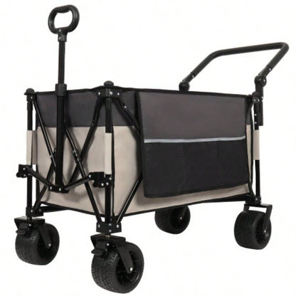 Multi - Functional Push - Pull Folding Wagon Cart with Rotating Handle 360 All - Terrain Wheels - Heavy - Duty, Adjustable Design, Large Capacity Transport, Groceries, and Outdoor Use, khaki - Gray