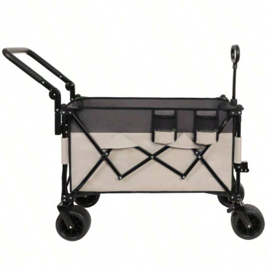 Multi - Functional Push - Pull Folding Wagon Cart with Rotating Handle 360 All - Terrain Wheels - Heavy - Duty, Adjustable Design, Large Capacity Transport, Groceries, and Outdoor Use, khaki - Gray