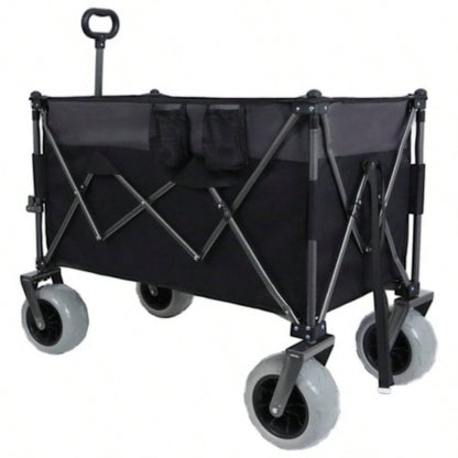 9x 4 All - Terrain Balloon Wheels! 300L XL Heavy - Duty Folding Wagon Cart - 480lbs Capacity, Conquers Sand Rough Terrain,/ Brakes, Pockets, Cup Holders, Black/Gray
