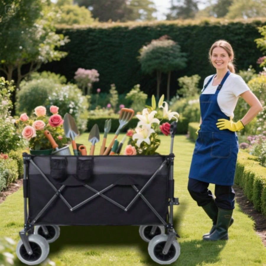 9x 4 All - Terrain Balloon Wheels! 300L XL Heavy - Duty Folding Wagon Cart - 480lbs Capacity, Conquers Sand Rough Terrain,/ Brakes, Pockets, Cup Holders, Black/Gray