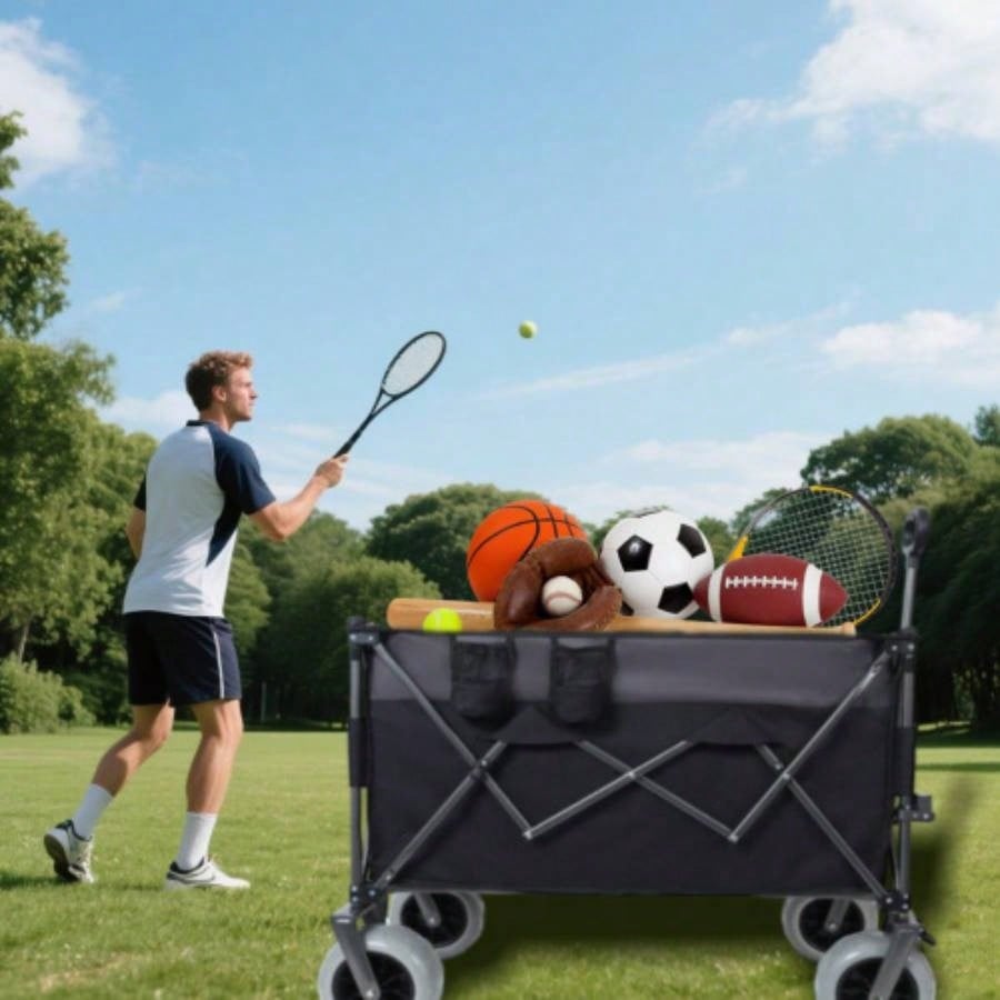 9x 4 All - Terrain Balloon Wheels! 300L XL Heavy - Duty Folding Wagon Cart - 480lbs Capacity, Conquers Sand Rough Terrain,/ Brakes, Pockets, Cup Holders, Black/Gray