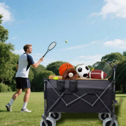 9x 4 All - Terrain Balloon Wheels! 300L XL Heavy - Duty Folding Wagon Cart - 480lbs Capacity, Conquers Sand Rough Terrain,/ Brakes, Pockets, Cup Holders, Black/Gray
