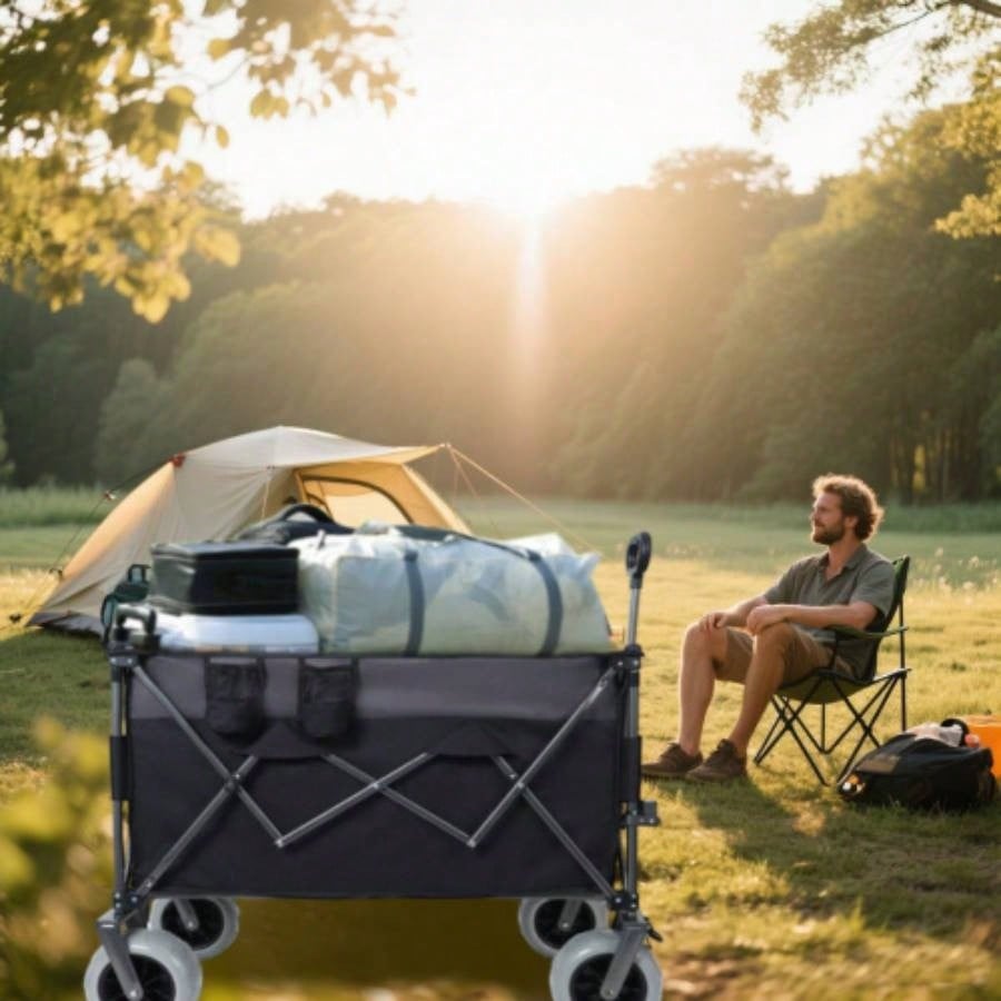 9x 4 All - Terrain Balloon Wheels! 300L XL Heavy - Duty Folding Wagon Cart - 480lbs Capacity, Conquers Sand Rough Terrain,/ Brakes, Pockets, Cup Holders, Black/Gray
