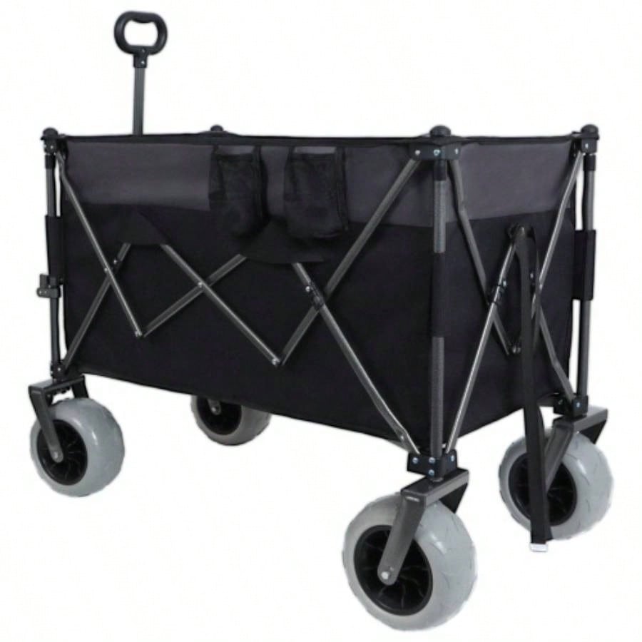 9x 4 All - Terrain Balloon Wheels! 300L XL Heavy - Duty Folding Wagon Cart - 480lbs Capacity, Conquers Sand Rough Terrain,/ Brakes, Pockets, Cup Holders, Black/Gray
