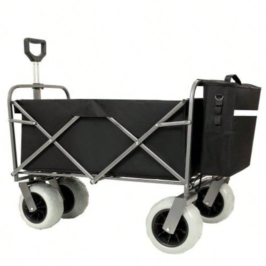 Beach Wagon with Big Wheels Sand 500lbs capacity - All Terrain Steel Frame Utility Cart with 9 Pneumatic Tires, Collapsible Folding Design, strap with multiuse bag, black