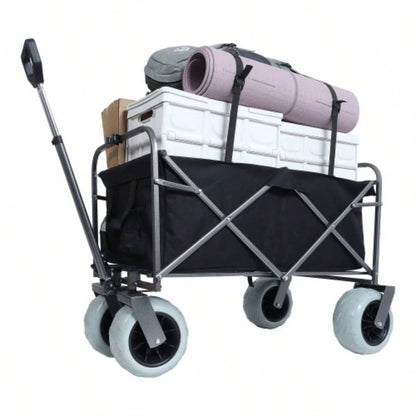 Beach Wagon with Big Wheels Sand 500lbs capacity - All Terrain Steel Frame Utility Cart with 9 Pneumatic Tires, Collapsible Folding Design, strap with multiuse bag, black