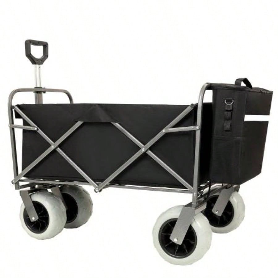 Beach Wagon with Big Wheels Sand 500lbs capacity - All Terrain Steel Frame Utility Cart with 9 Pneumatic Tires, Collapsible Folding Design, strap with multiuse bag, black