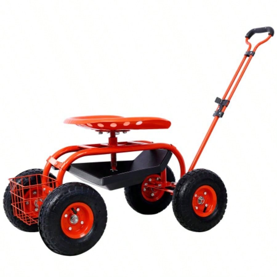 Rolling Garden Scooter Garden Cart with Wheels and Tray, 360 Swivel, Red - refurbished