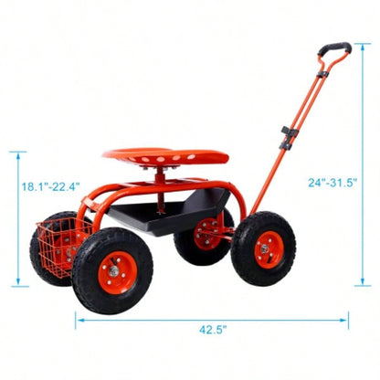 Rolling Garden Scooter Garden Cart with Wheels and Tray, 360 Swivel, Red - refurbished