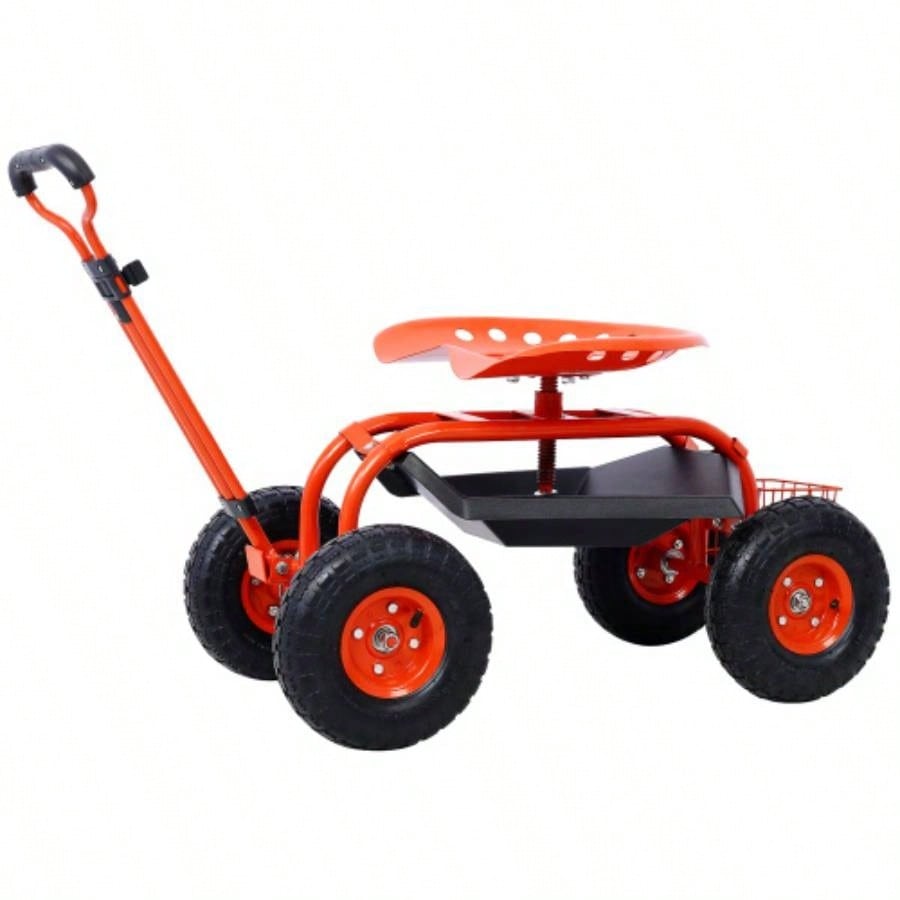 Rolling Garden Scooter Garden Cart with Wheels and Tray, 360 Swivel, Red - refurbished
