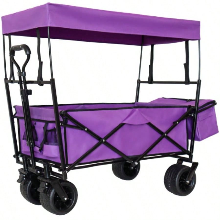 480Lbs Collapsible Wagon with Canopy, Wagon Stroller with All - Terrain Wheels, Lightweight Foldable Wagon, Large Capacity Camping, Shopping, Sports, and Garden Use, purple