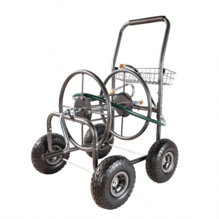 Garden Hose Reel Cart - 4 Wheels Portable Garden Hose Reel Cart with Storage Basket Rust Resistant Heavy Duty Hose Holder