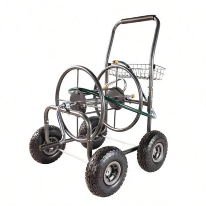 Garden Hose Reel Cart - 4 Wheels Portable Garden Hose Reel Cart with Storage Basket Rust Resistant Heavy Duty Hose Holder