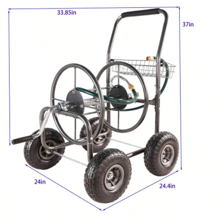 Garden Hose Reel Cart - 4 Wheels Portable Garden Hose Reel Cart with Storage Basket Rust Resistant Heavy Duty Hose Holder