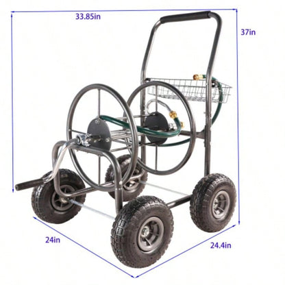 Garden Hose Reel Cart - 4 Wheels Portable Garden Hose Reel Cart with Storage Basket Rust Resistant Heavy Duty Hose Holder