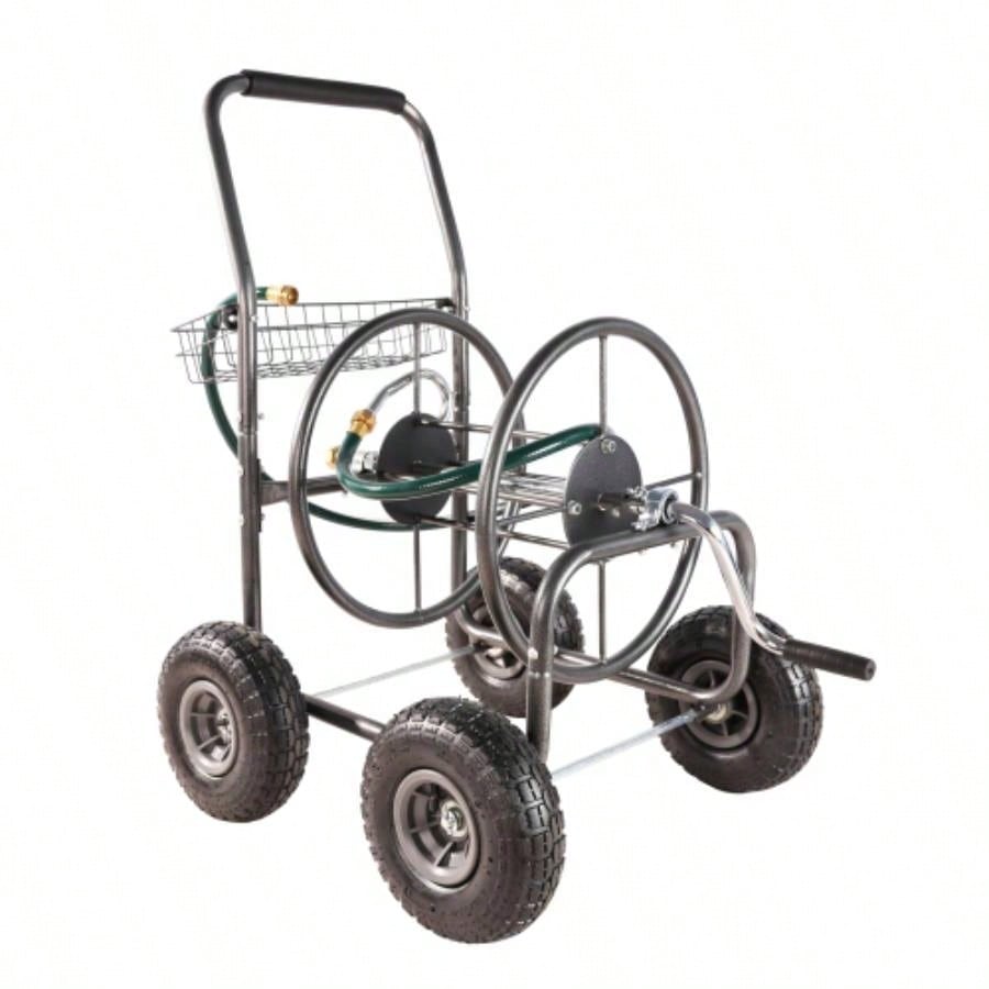 Garden Hose Reel Cart - 4 Wheels Portable Garden Hose Reel Cart with Storage Basket Rust Resistant Heavy Duty Hose Holder