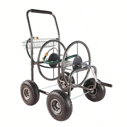 Garden Hose Reel Cart - 4 Wheels Portable Garden Hose Reel Cart with Storage Basket Rust Resistant Heavy Duty Hose Holder