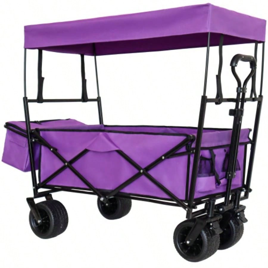 480Lbs Collapsible Wagon with Canopy, Wagon Stroller with All - Terrain Wheels, Lightweight Foldable Wagon, Large Capacity Camping, Shopping, Sports, and Garden Use, purple
