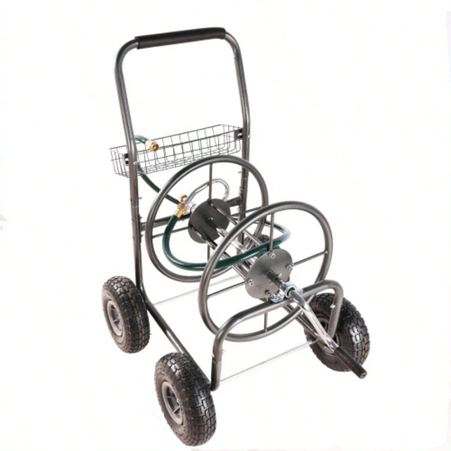 Garden Hose Reel Cart - 4 Wheels Portable Garden Hose Reel Cart with Storage Basket Rust Resistant Heavy Duty Hose Holder