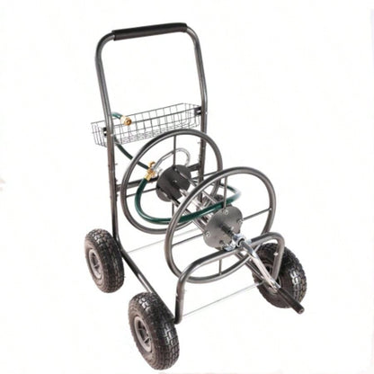 Garden Hose Reel Cart - 4 Wheels Portable Garden Hose Reel Cart with Storage Basket Rust Resistant Heavy Duty Hose Holder