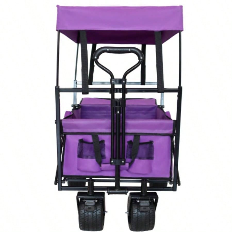 480Lbs Collapsible Wagon with Canopy, Wagon Stroller with All - Terrain Wheels, Lightweight Foldable Wagon, Large Capacity Camping, Shopping, Sports, and Garden Use, purple