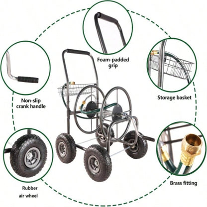 Garden Hose Reel Cart - 4 Wheels Portable Garden Hose Reel Cart with Storage Basket Rust Resistant Heavy Duty Hose Holder