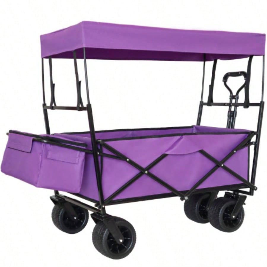 480Lbs Collapsible Wagon with Canopy, Wagon Stroller with All - Terrain Wheels, Lightweight Foldable Wagon, Large Capacity Camping, Shopping, Sports, and Garden Use, purple