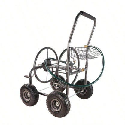 Garden Hose Reel Cart - 4 Wheels Portable Garden Hose Reel Cart with Storage Basket Rust Resistant Heavy Duty Hose Holder
