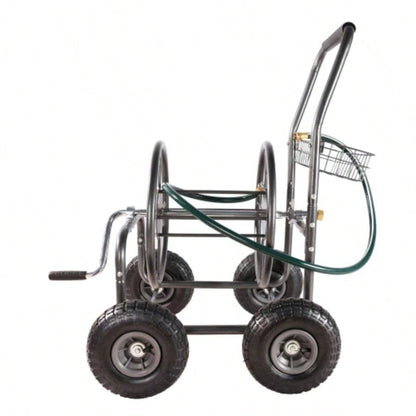 Garden Hose Reel Cart - 4 Wheels Portable Garden Hose Reel Cart with Storage Basket Rust Resistant Heavy Duty Hose Holder