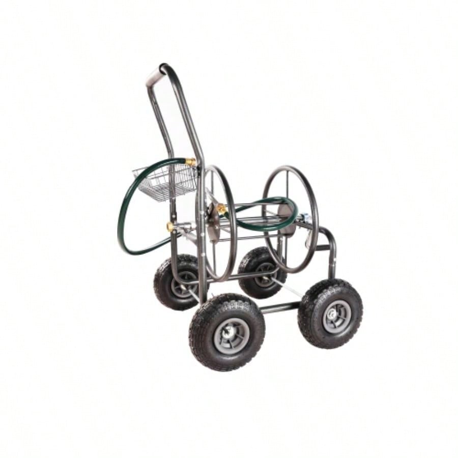 Garden Hose Reel Cart - 4 Wheels Portable Garden Hose Reel Cart with Storage Basket Rust Resistant Heavy Duty Hose Holder